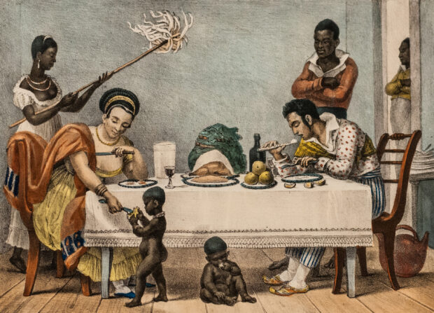 "Uma família brasileira do século XIX sendo servida por escravos", pintado por Jean-Baptiste Debret, c. 1830.